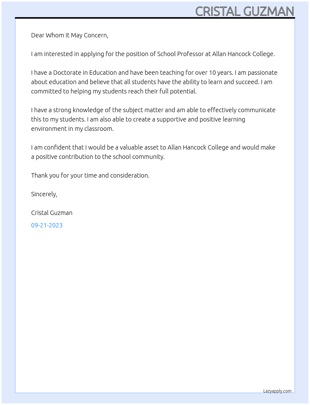 School Professor At Allan Hancock College Cover Letter