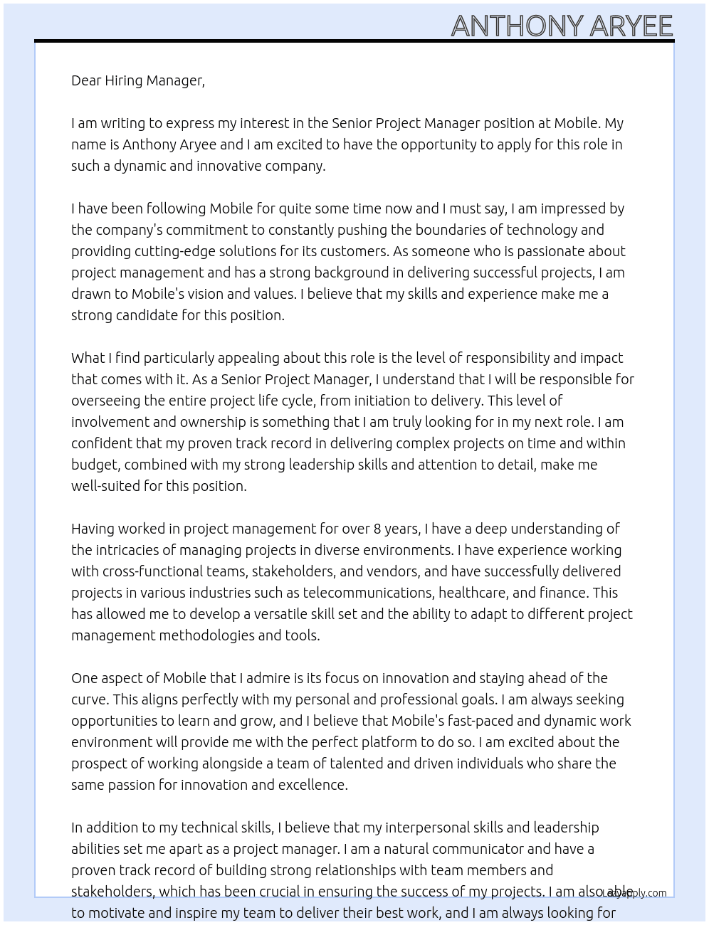 Senior Project Manager At Mobile Cover Letter