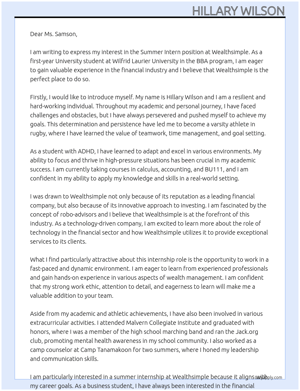 Summer Intern At Wealthsimple Cover Letter
