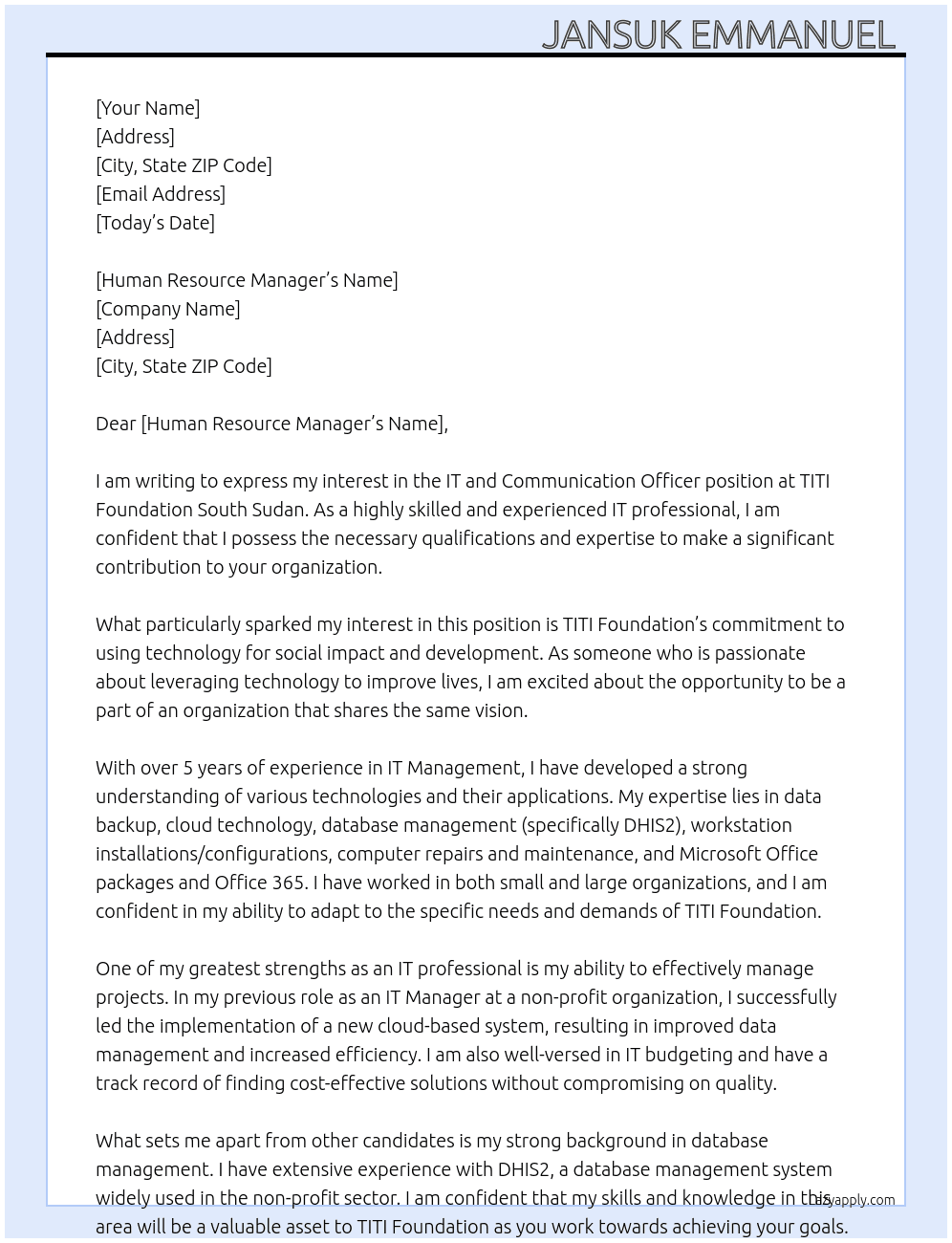 Cover letter for it and communication officer - LazyApply