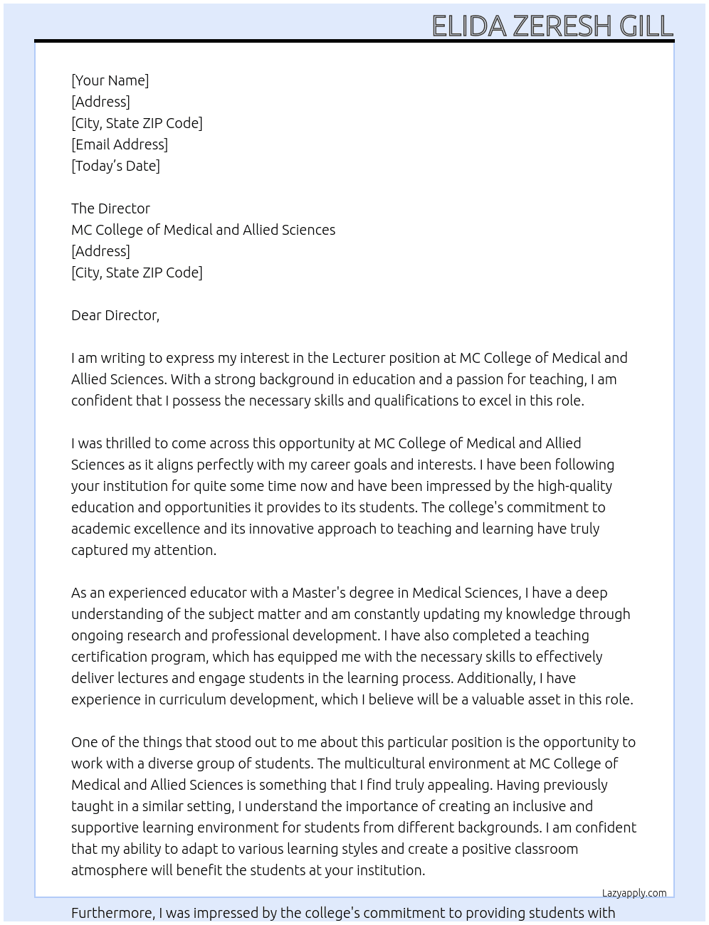 Lecturer At MC College of Medical and Allied Sciences Cover Letter