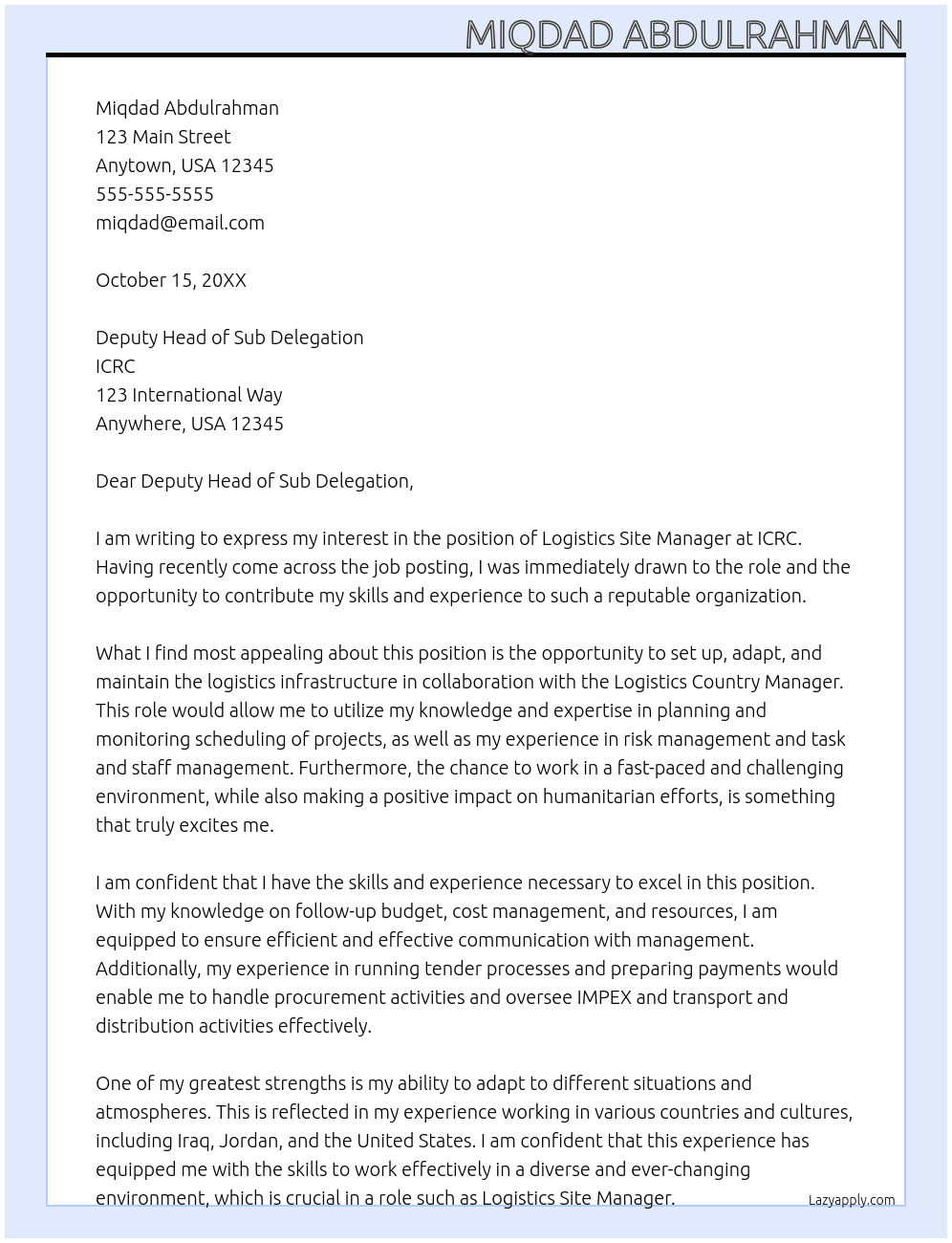 Logistics Site Manager At ICRC Cover Letter
