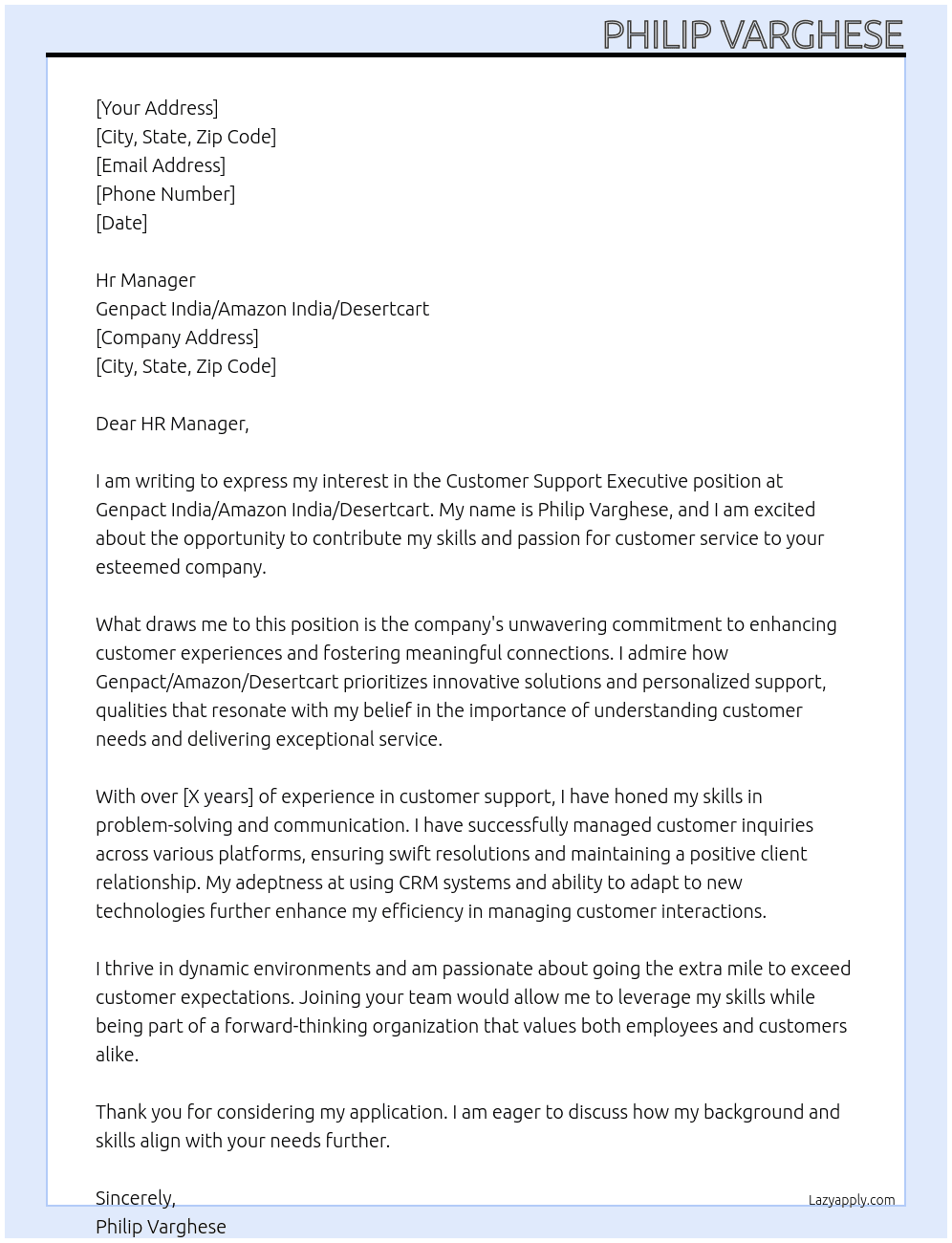 Customer support executive  At Genpact India, Amazon India, Desertcart Cover Letter