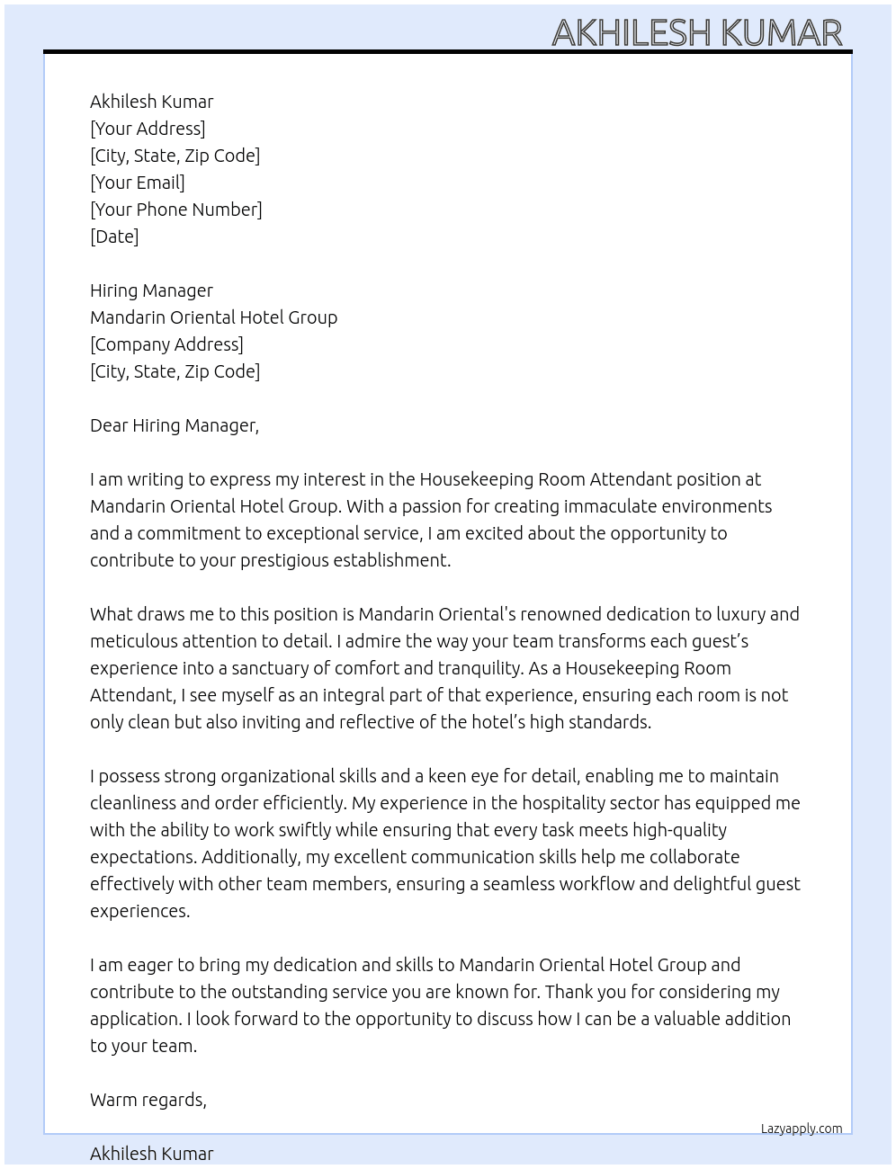 Housekeeping room attendant  At Mandarin oriental hotel group  Cover Letter