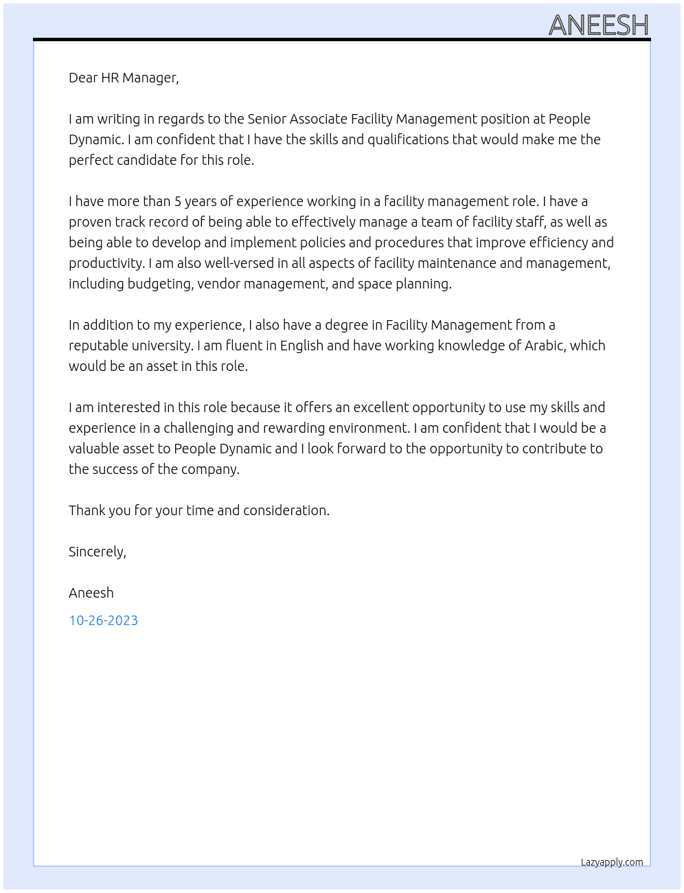 Senior Associate facility management  At People Dynamic  Cover Letter