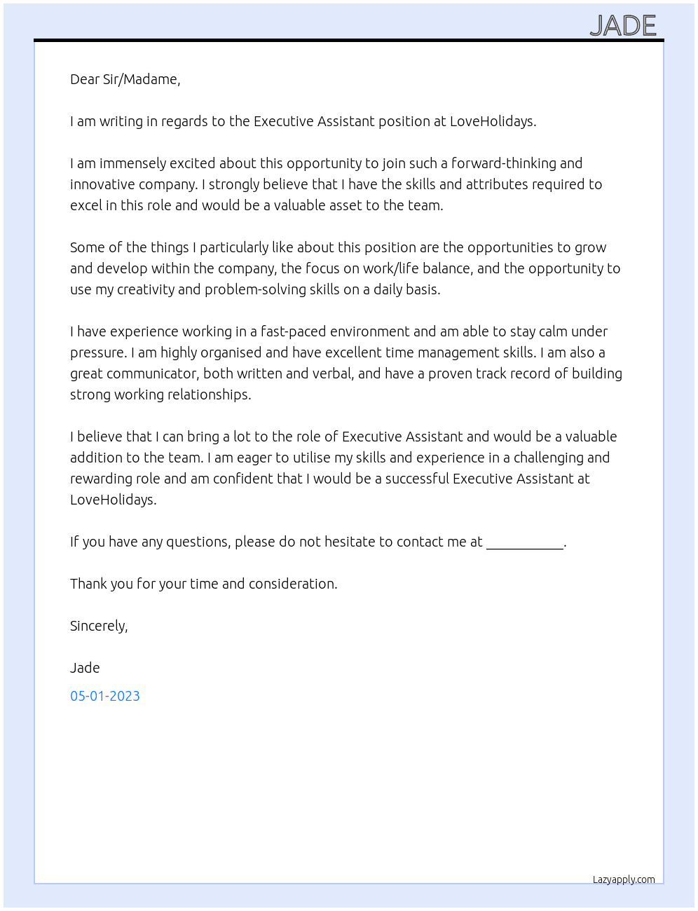 Executive Assistant  At LoveHolidays Cover Letter
