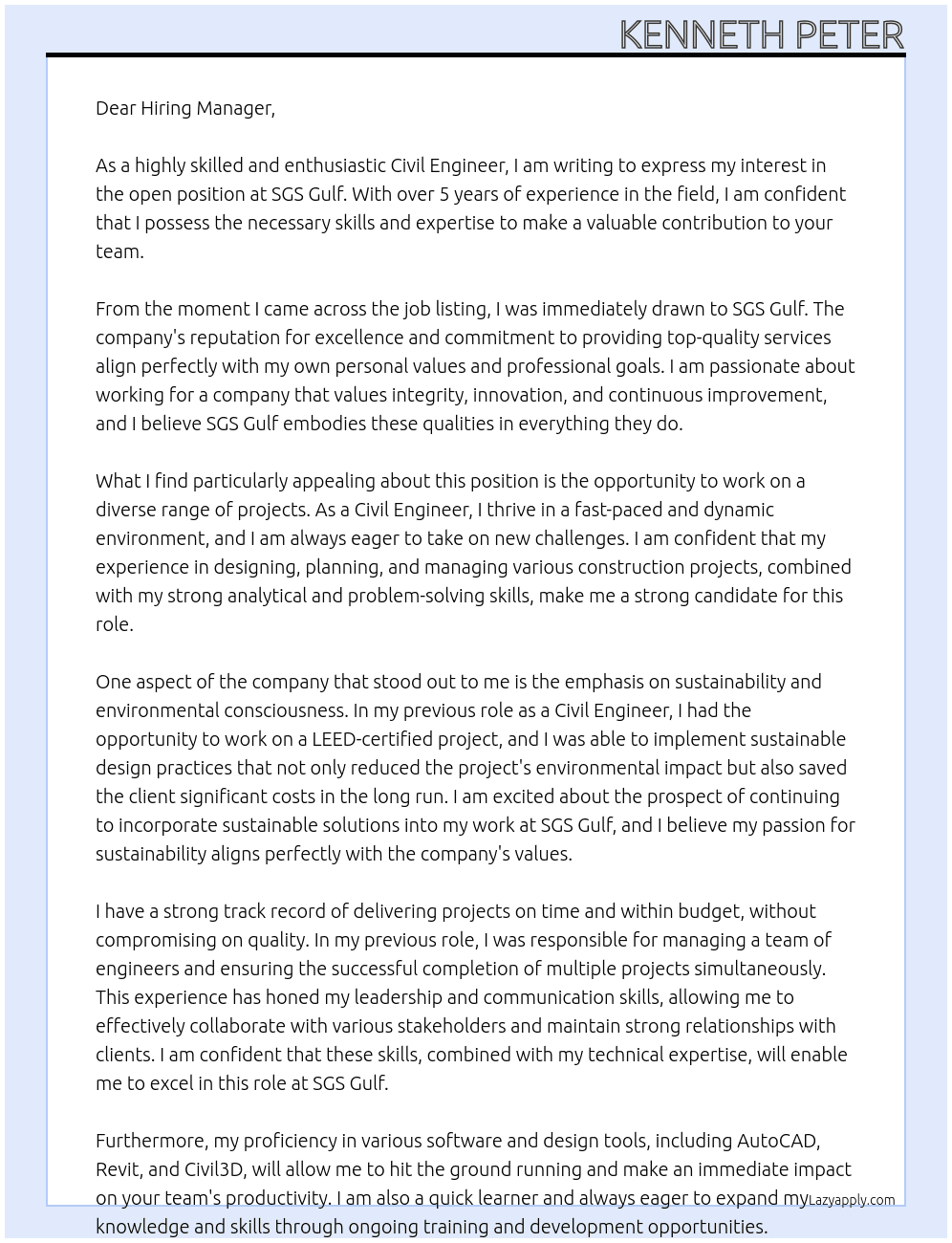 Civil engineer At SGS Gulf Cover Letter