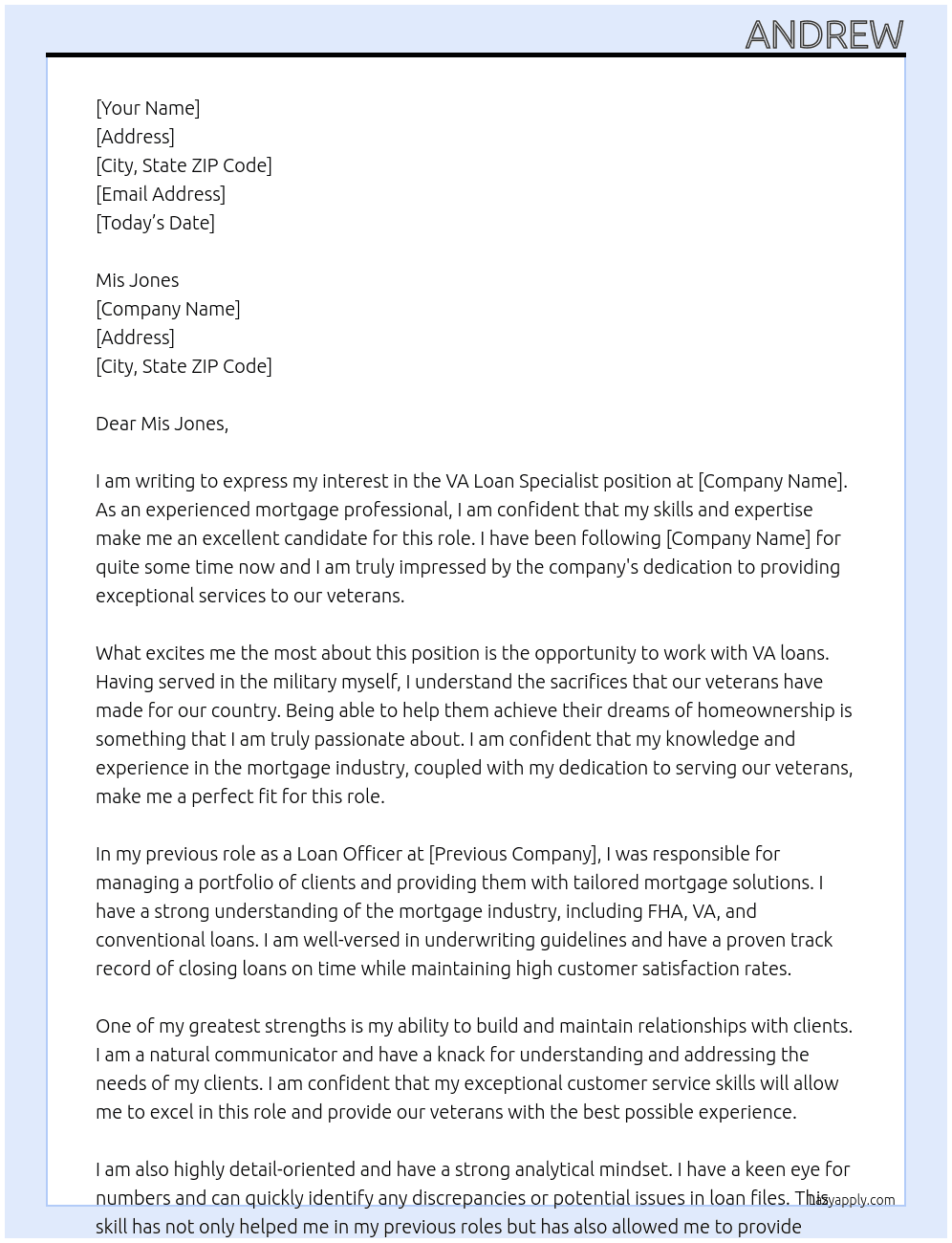 Cover letter for va loan specilist - LazyApply