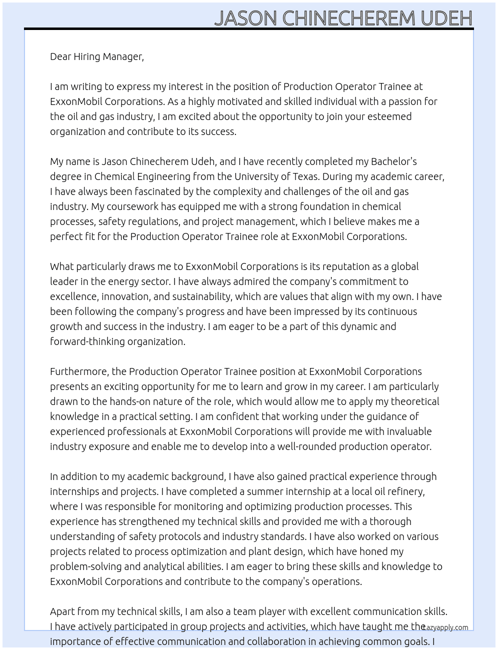 Production Operator Trainee At ExxonMobil Corporations Cover Letter