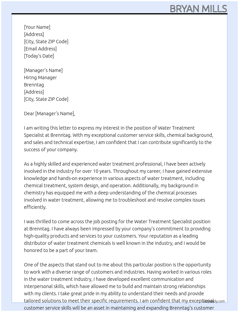 Water Treatment specialist At Brenntag Cover Letter