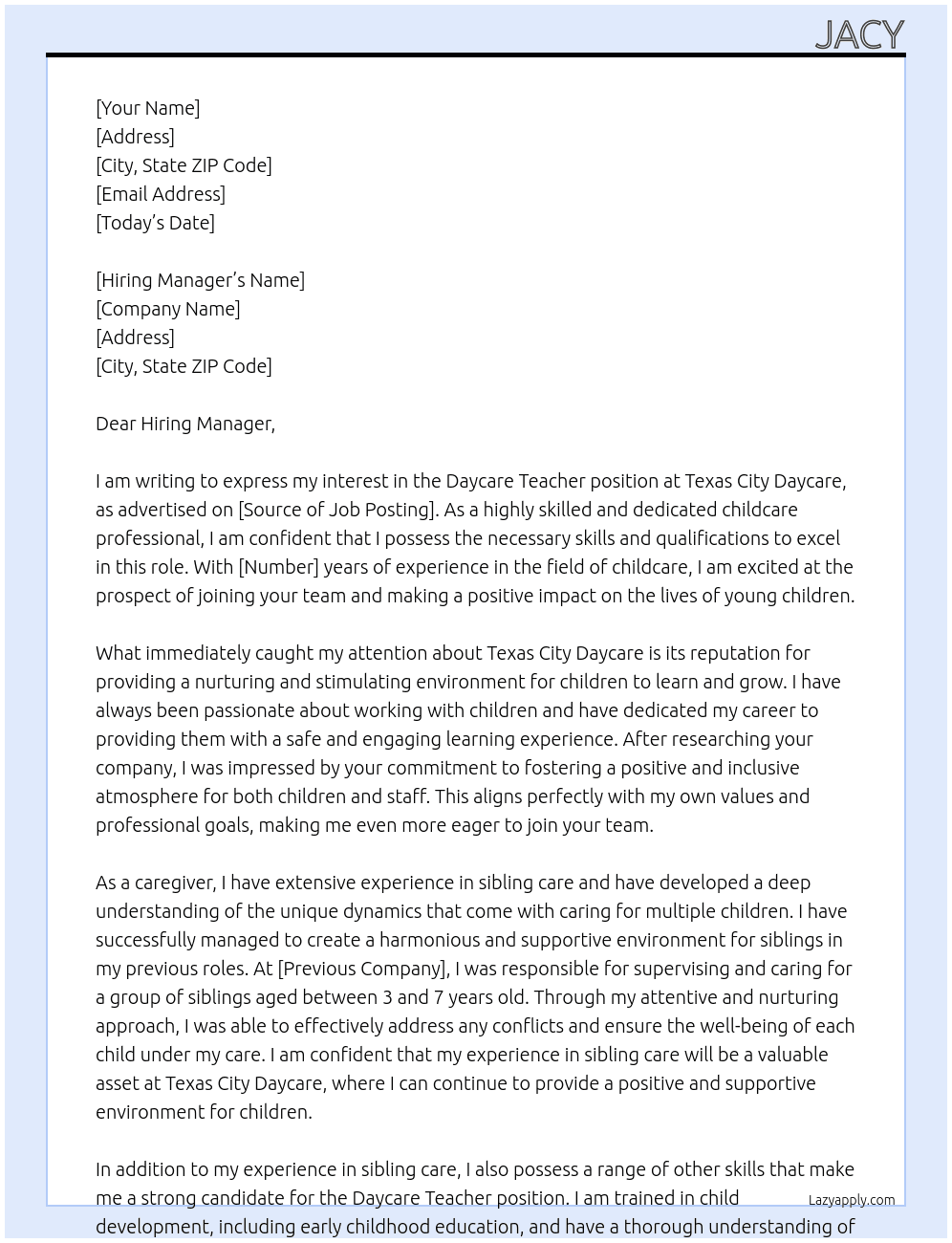 Daycare Teacher At Texas City Daycare Cover Letter