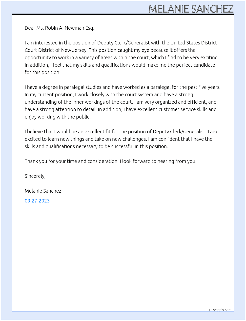 Deputy Clerk/Generalist At United States District Court District of New Jersey Cover Letter