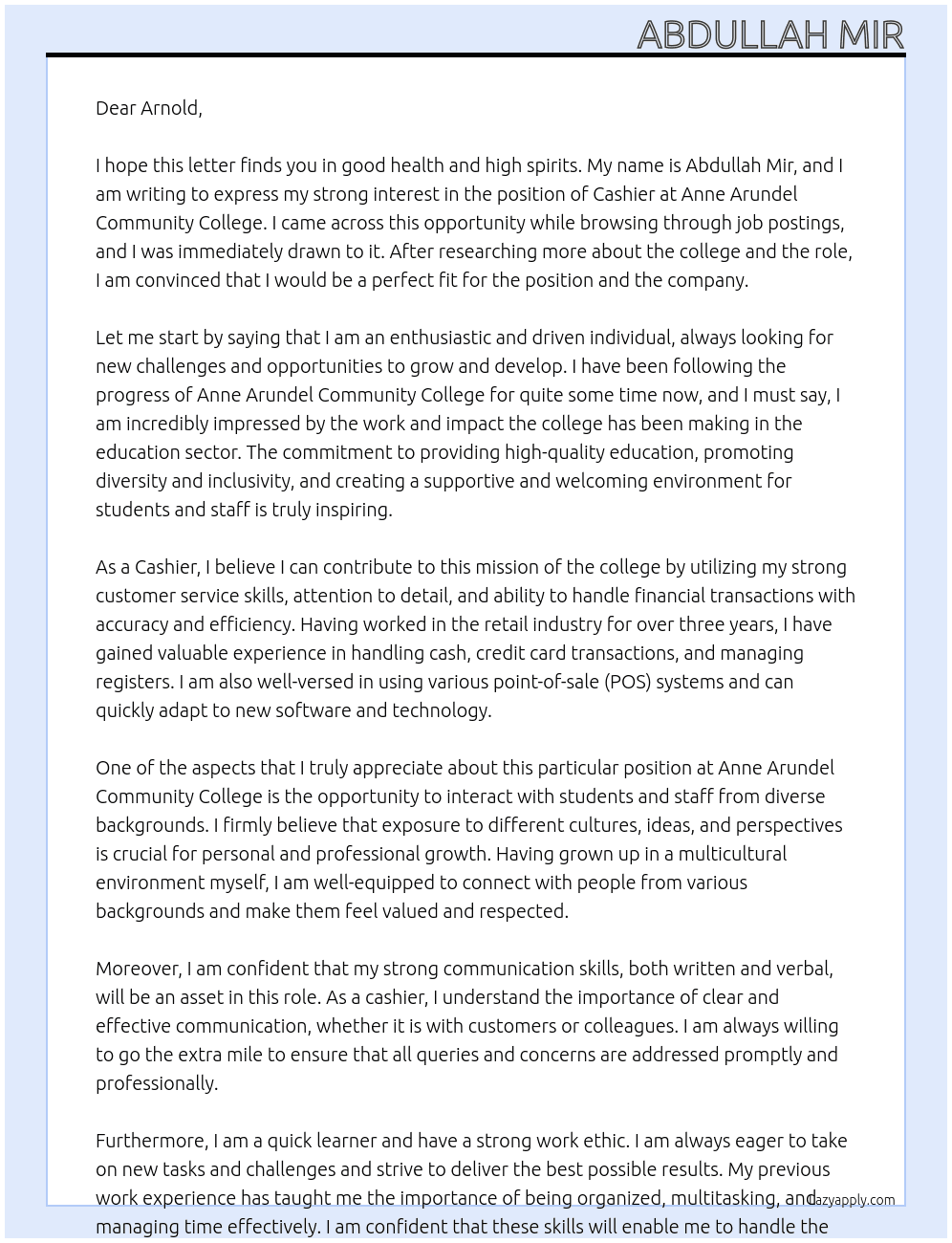 Cashier At Anne Arundel Community College Cover Letter