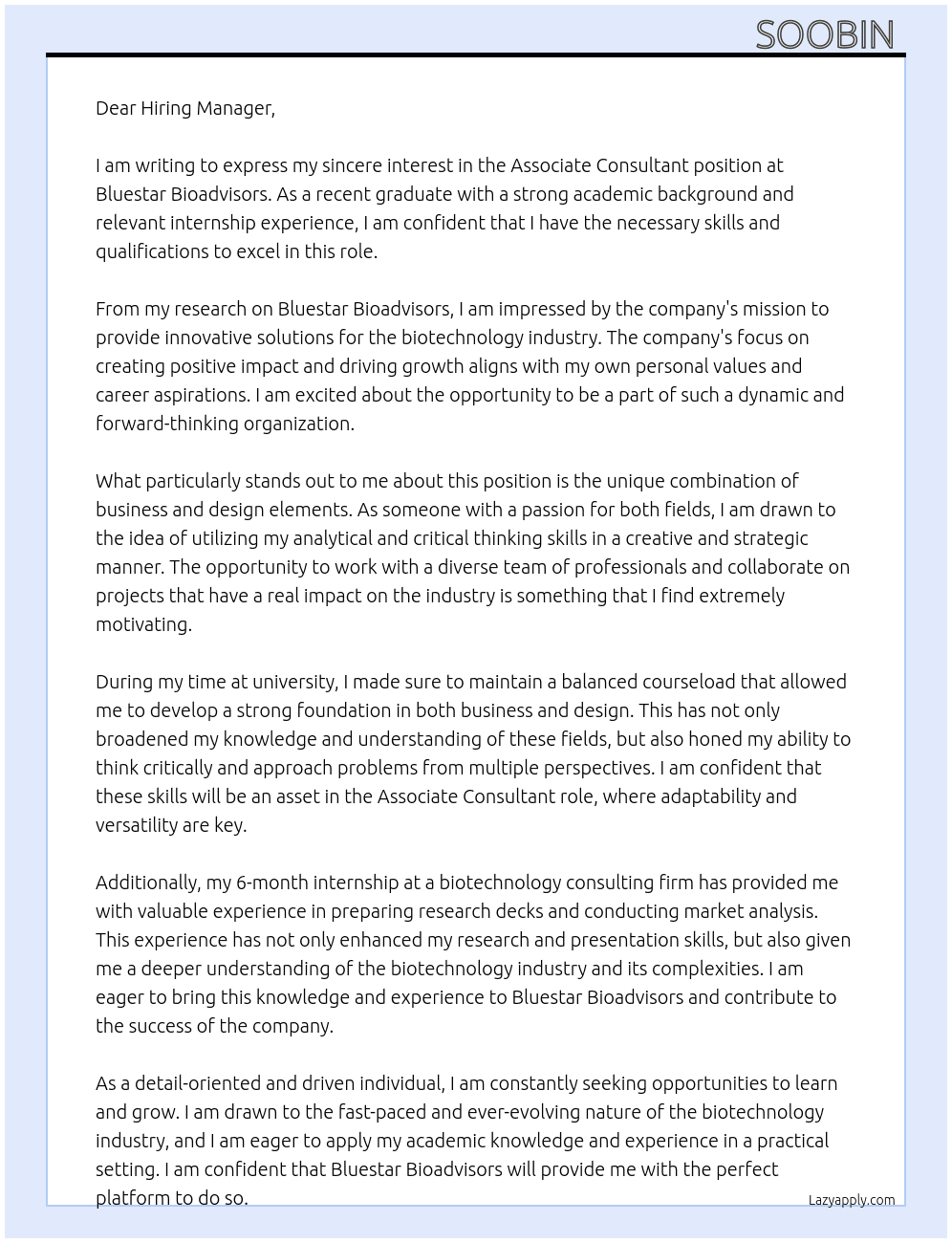 Associate Consultant At Bluestar Bioadvisors Cover Letter
