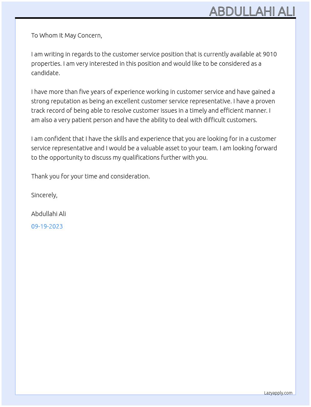 Customer service  At 9010 properties  Cover Letter