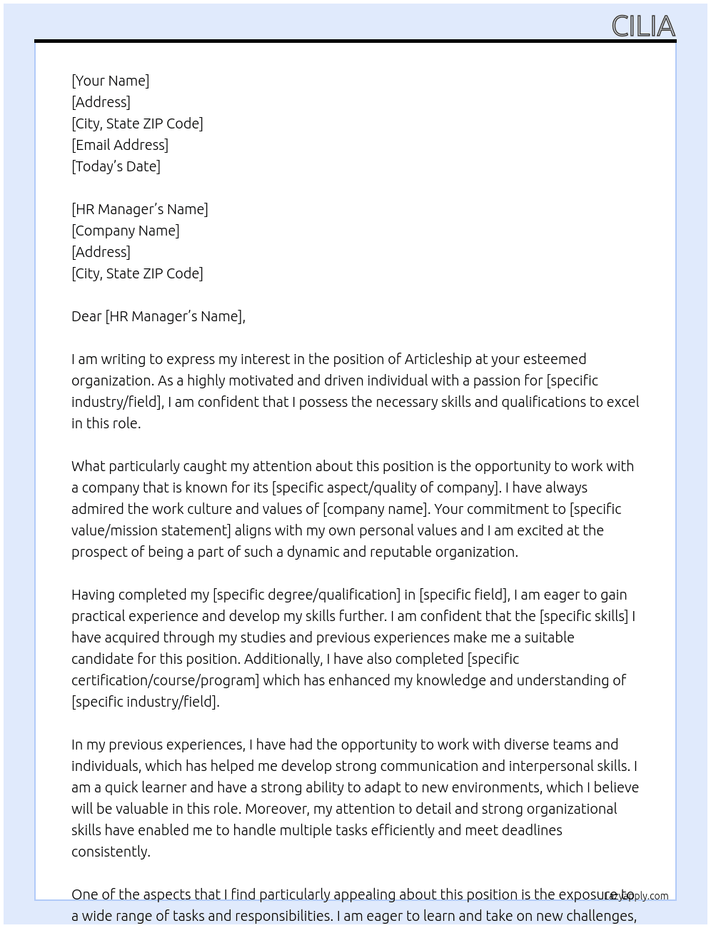 Articleship At none Cover Letter