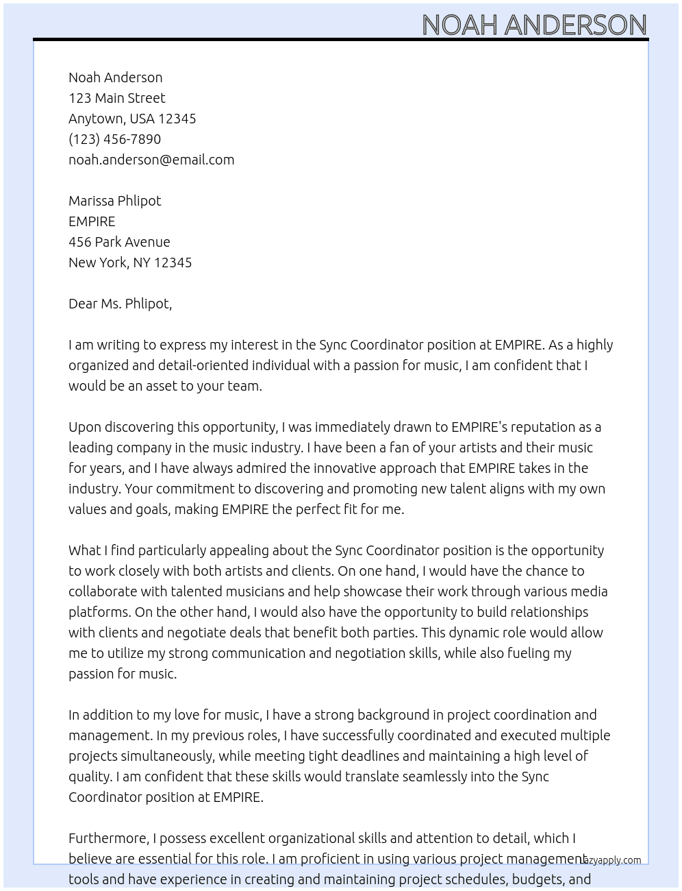 Sync Coordinator At EMPIRE Cover Letter