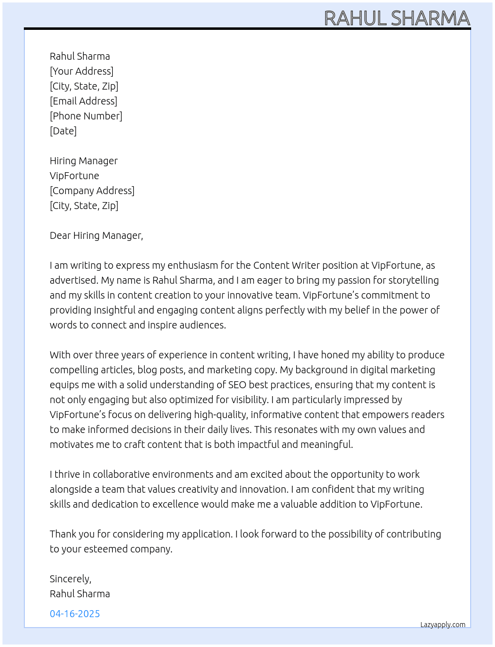 Content Writer At VipFortune Cover Letter