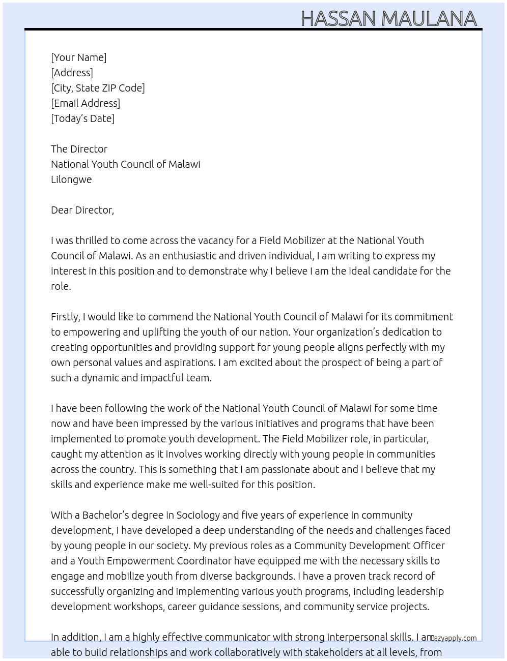 Field Mobilizer  At National Youth Council of Malawi  Cover Letter