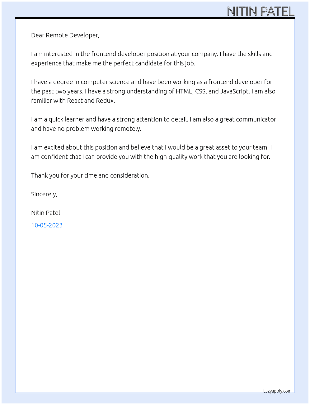 Frontend developer At Remote developer Cover Letter
