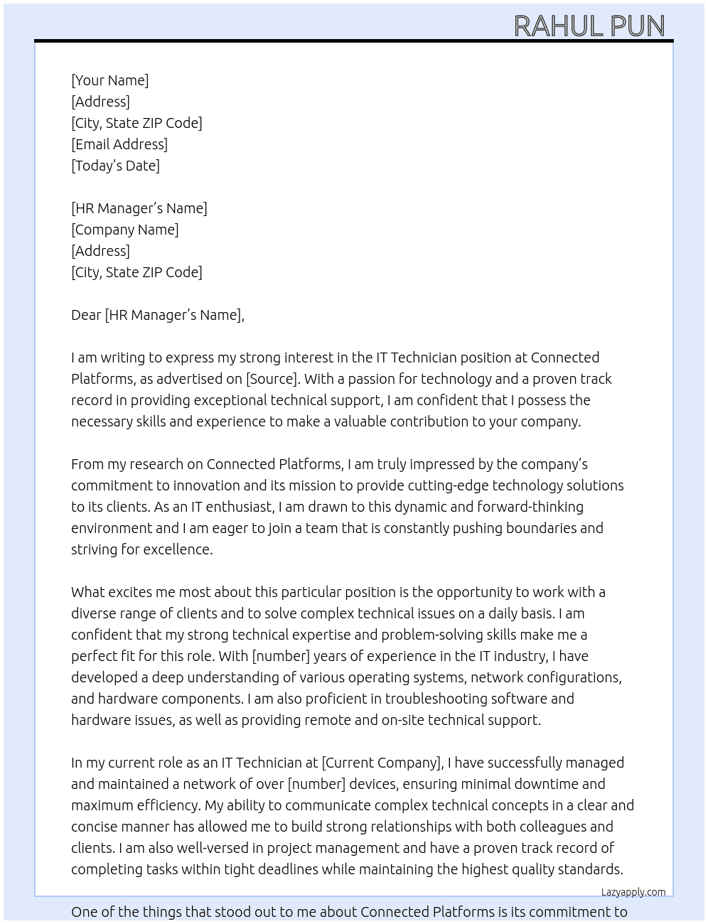 IT Technician  At Connected Platforms  Cover Letter