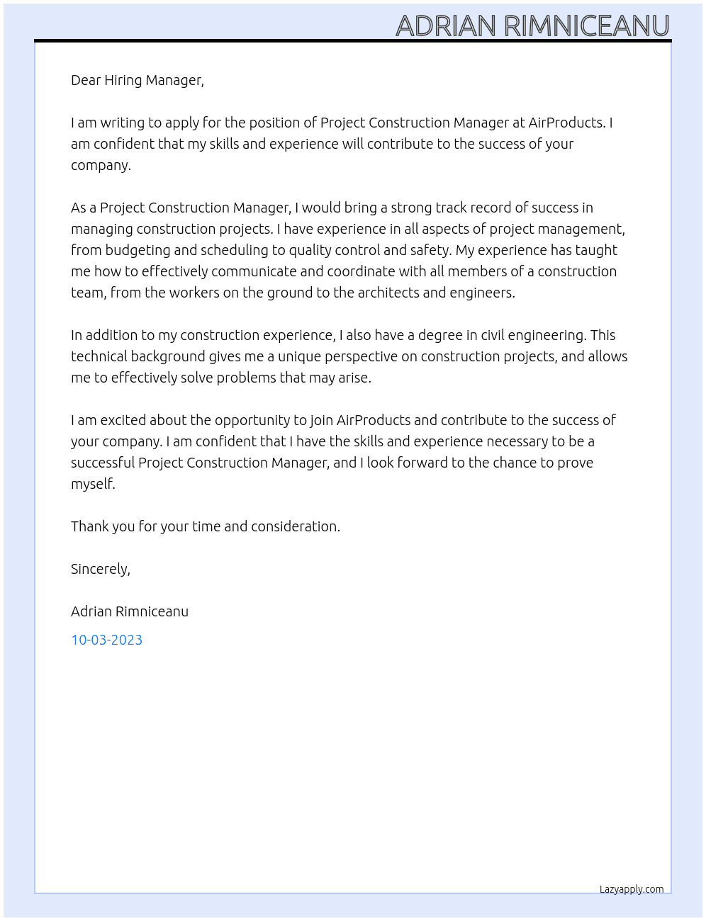 Project Construction Manager At AirProducts Cover Letter