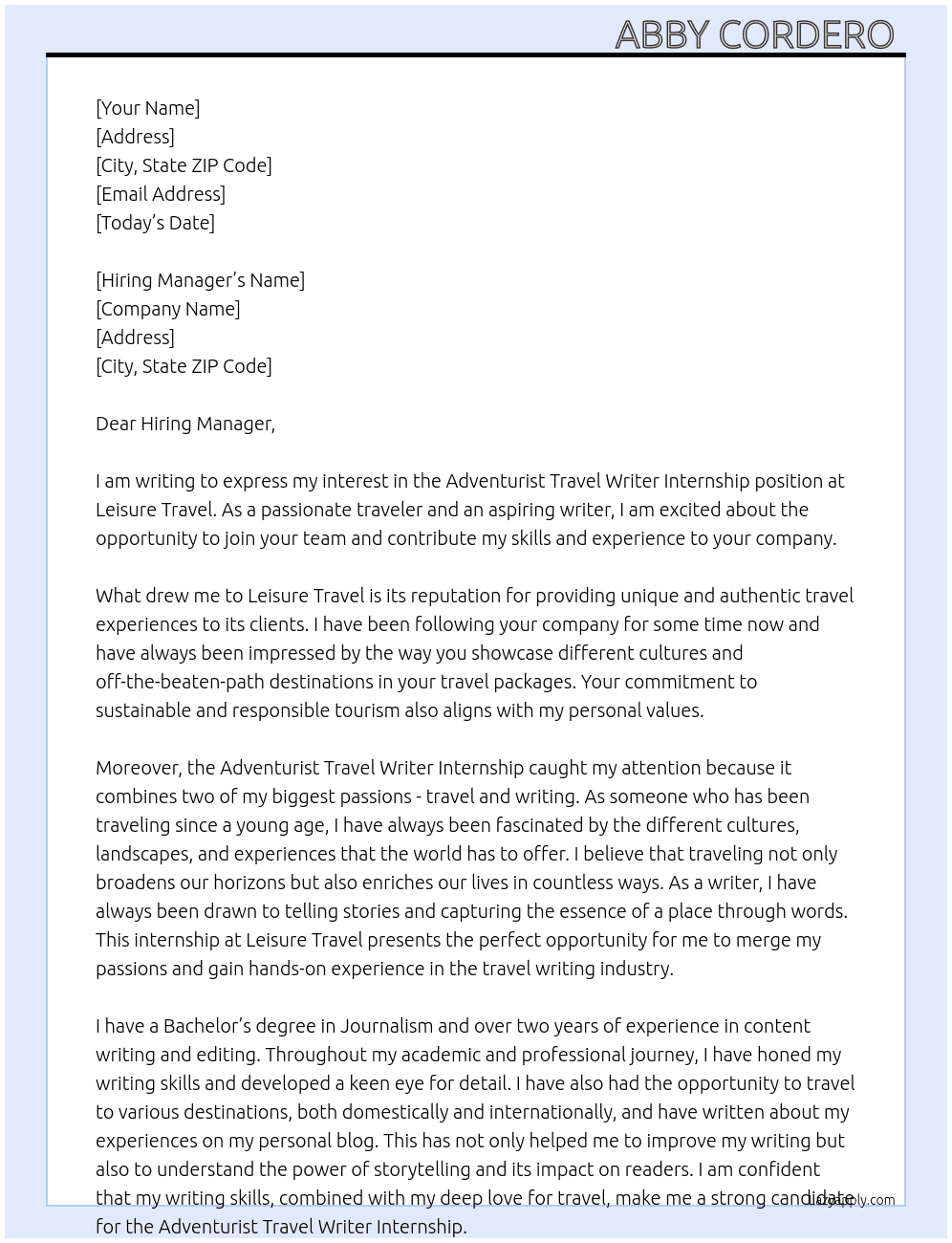 Adventurist Travel Writer Internship   At Leisure Travel  Cover Letter