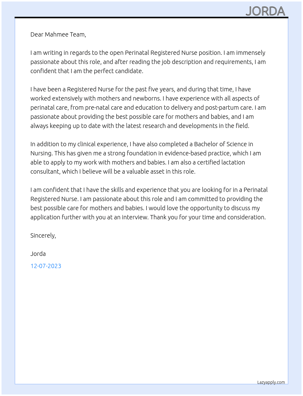 Perinatal Registered Nurse At Mahmee Cover Letter