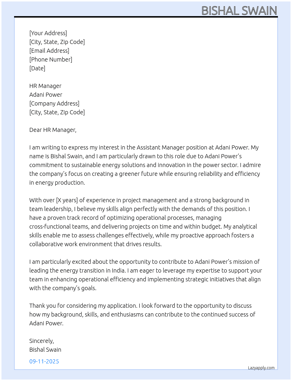 Assistant Manager At Adani Power  Cover Letter