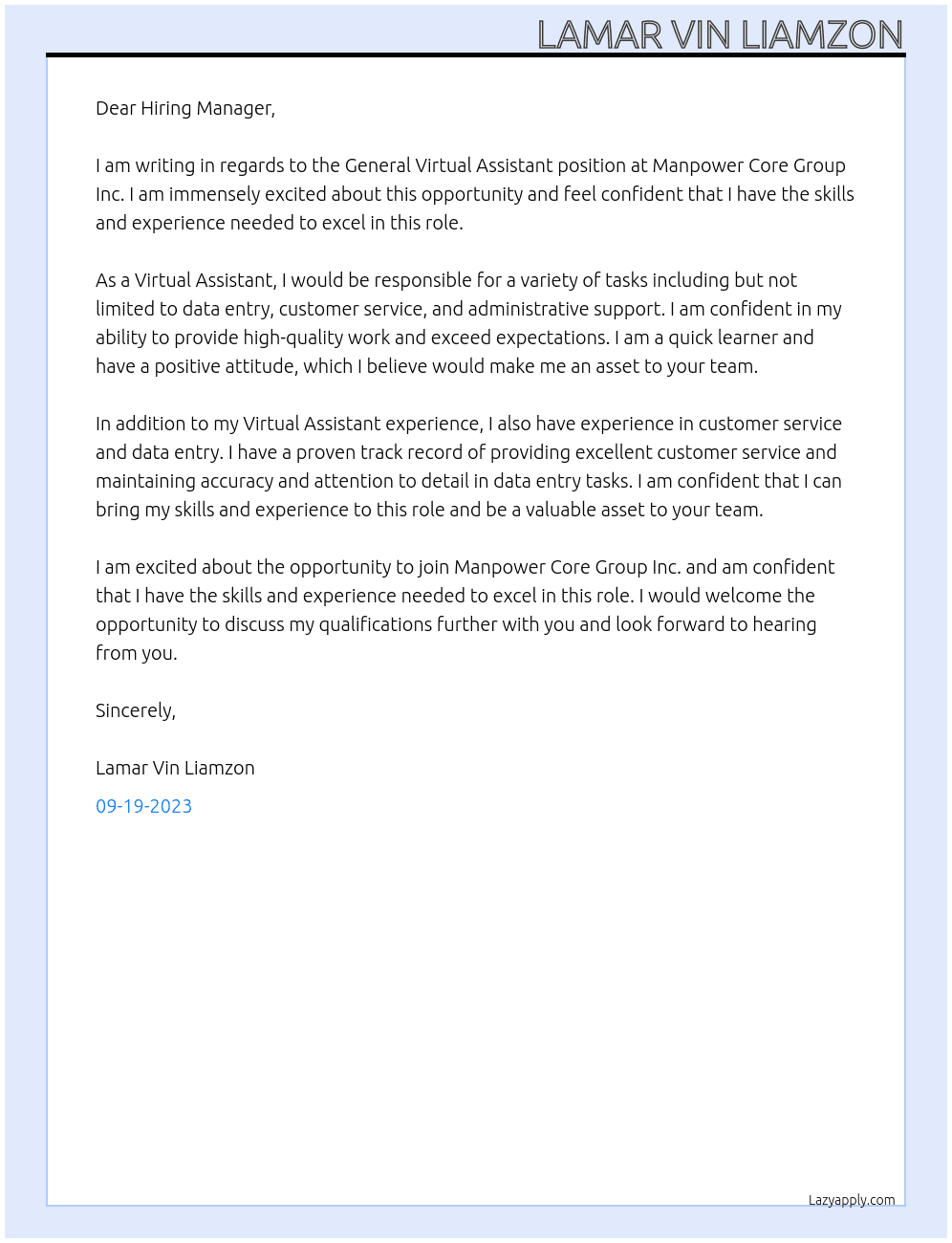 General Virtual Assistant At Manpower Core Group Inc. Cover Letter