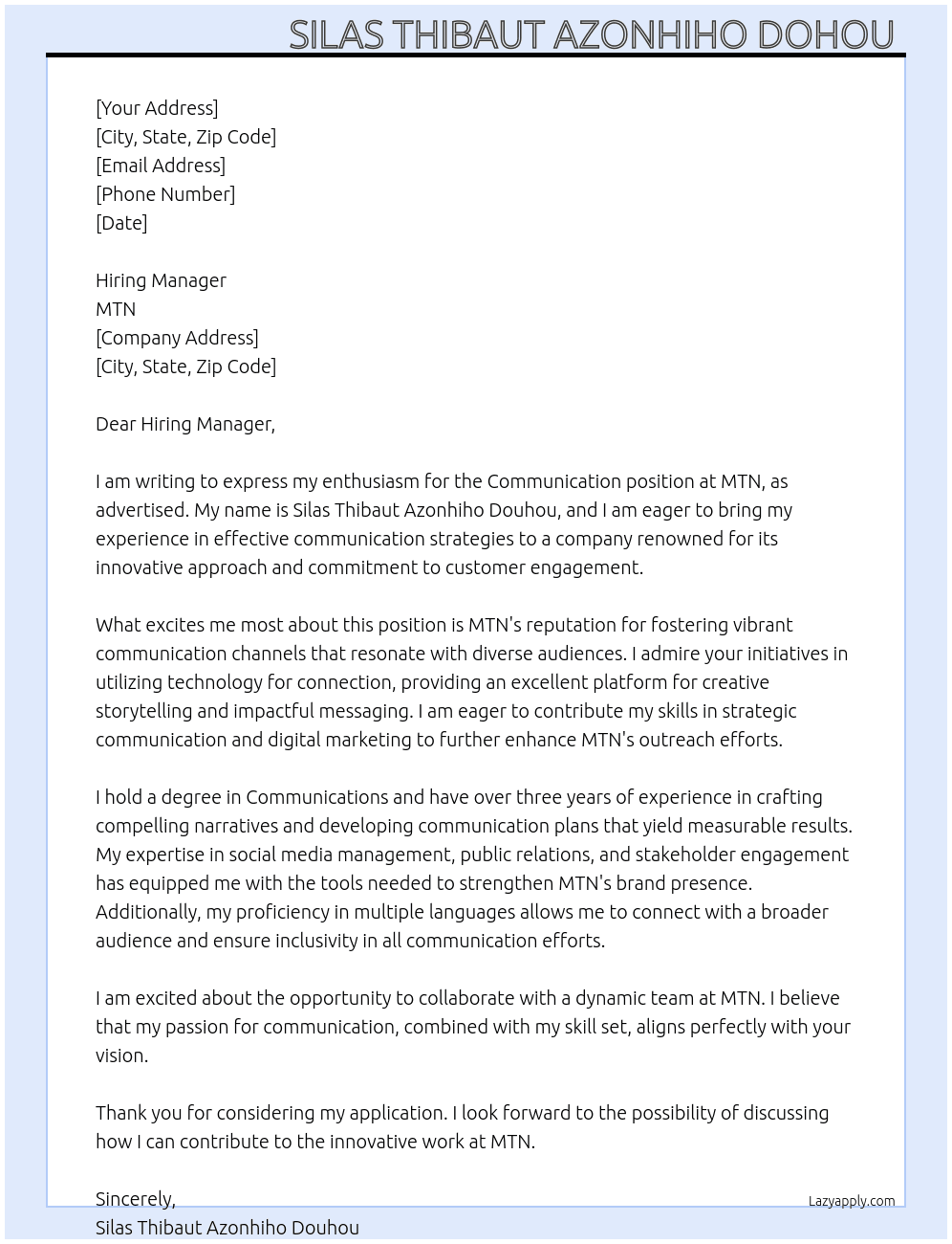 Communication  At MTN Cover Letter