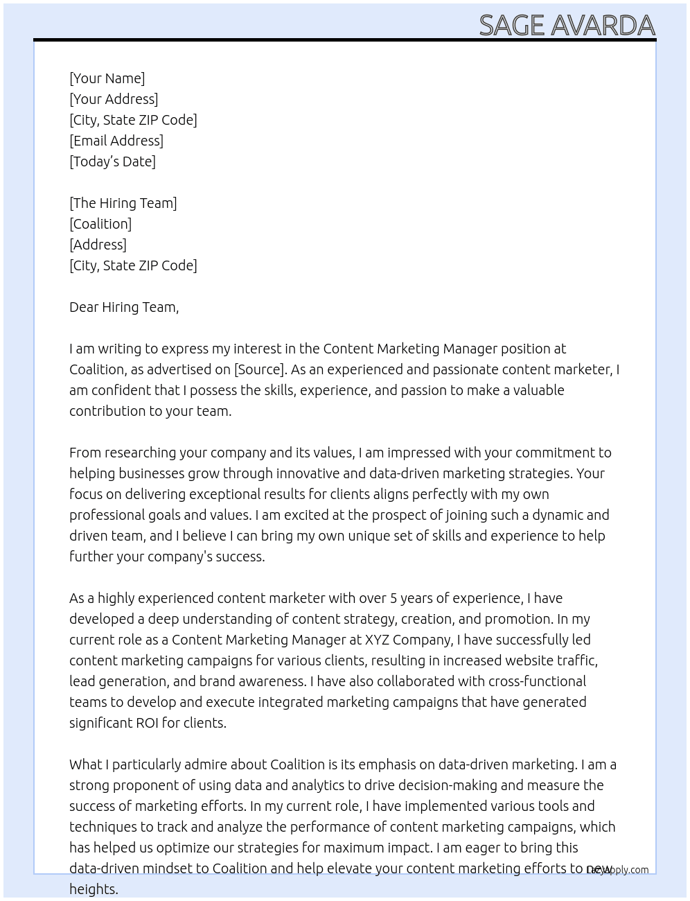 Content Marketing Manager At Coalition  Cover Letter