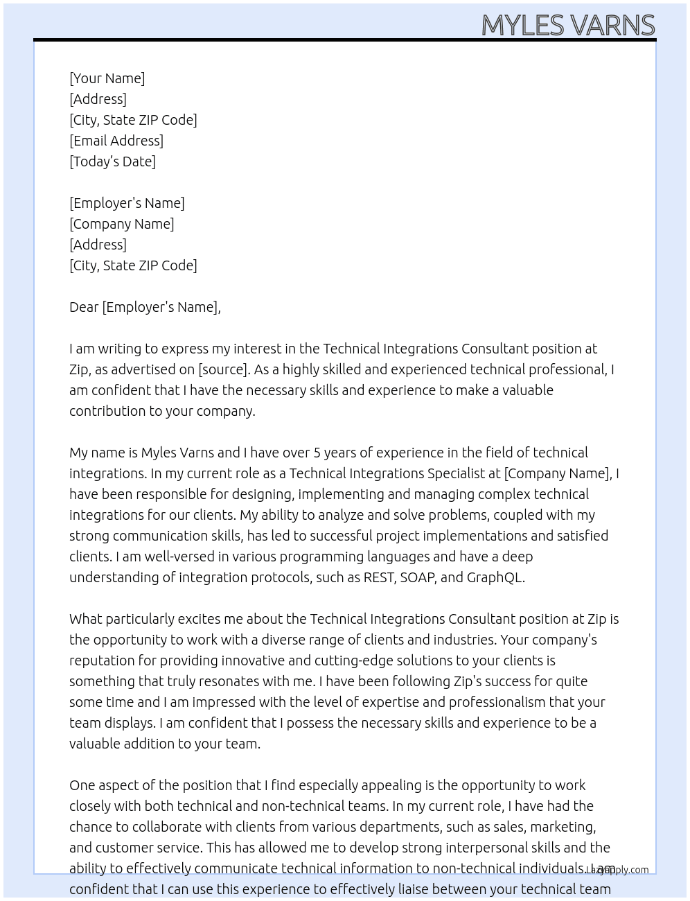 Technical Integrations Consultant At Zip Cover Letter