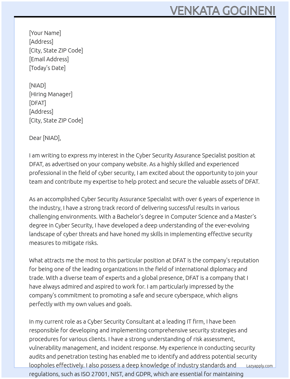 Cyber Security Assurance Specialist At DFAT Cover Letter