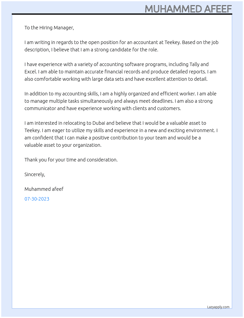 Accountant At Teekey Cover Letter
