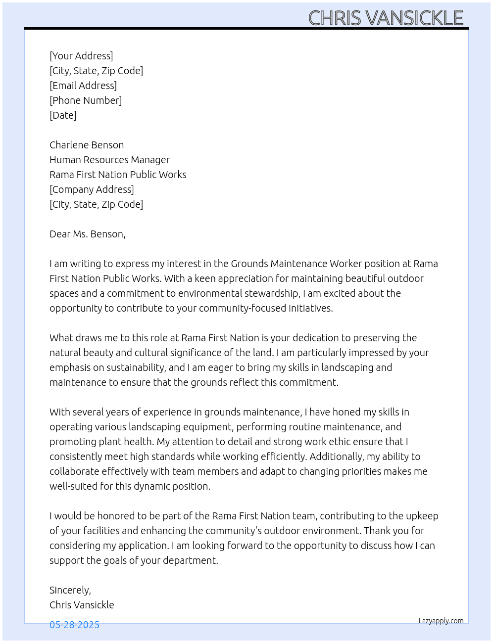 Grounds Maintenance Worker At Rama First nation Public Works  Cover Letter