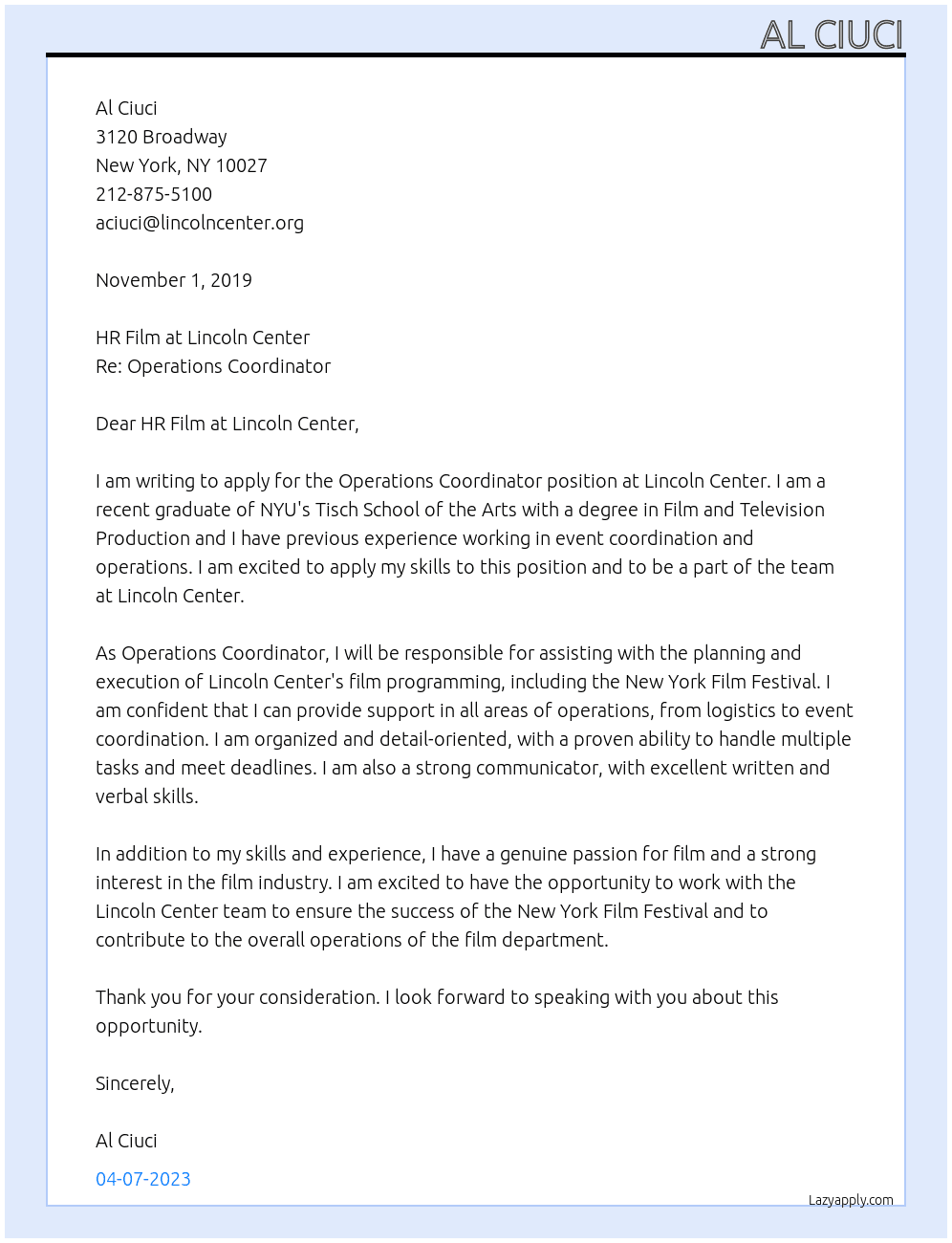 Operations Coordinator At New York Film Festival Cover Letter