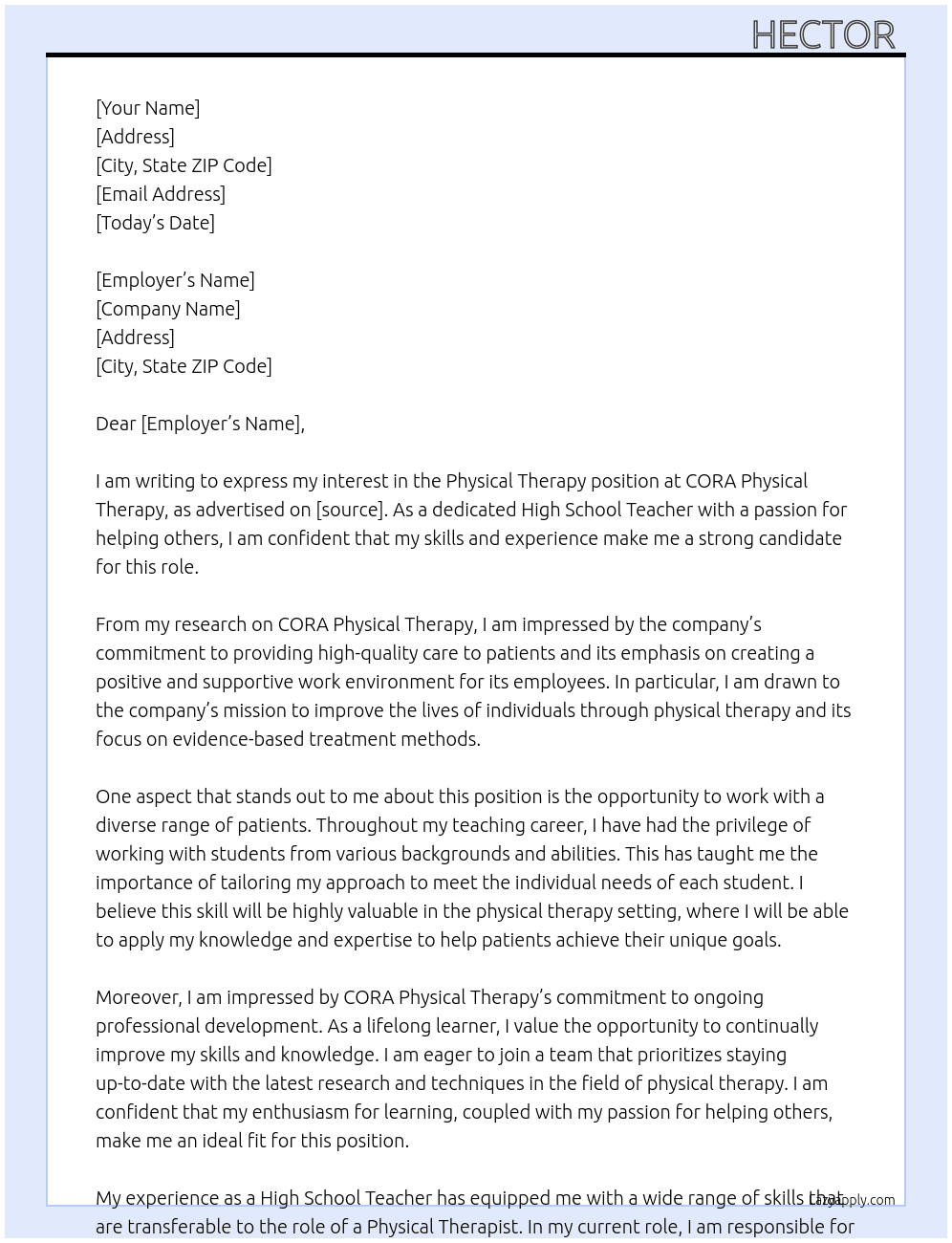 Physical therapy  At CORA physical therapy  Cover Letter
