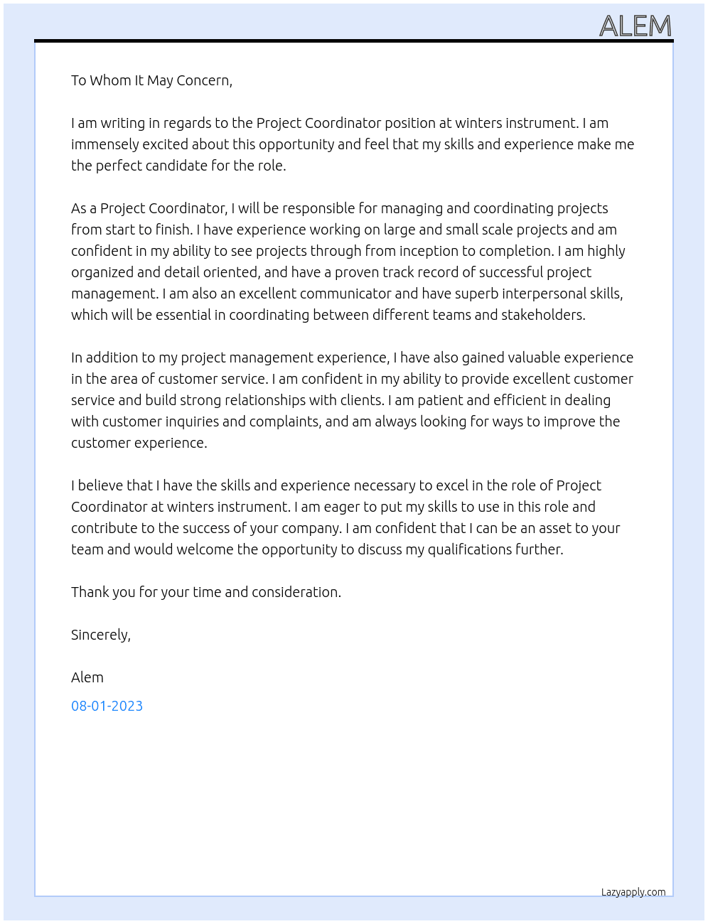 PROJECT COORDINATOR At winters instrument  Cover Letter
