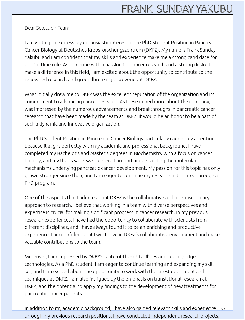 PhD Student Position in Pancreatic Cancer Biology At  Deutsches Krebsforschungszentrum, DKFZ Cover Letter