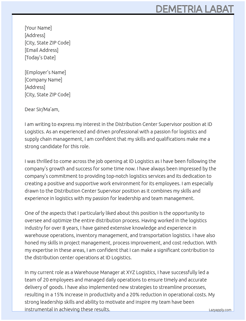 Distribution Center Supervisor At ID Logistics Cover Letter