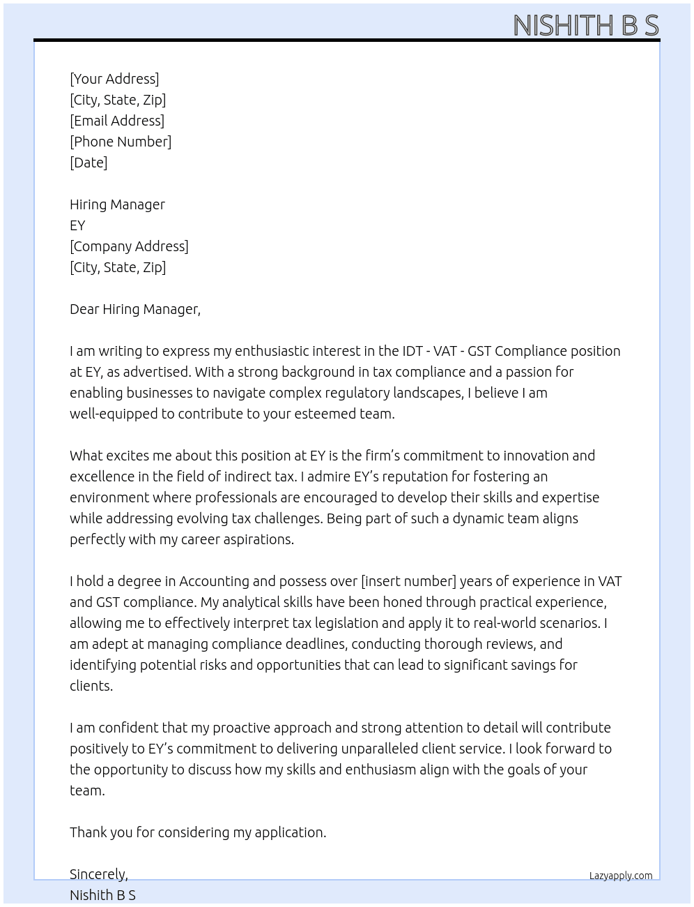 Cover letter for idt - vat - gst compliance - LazyApply