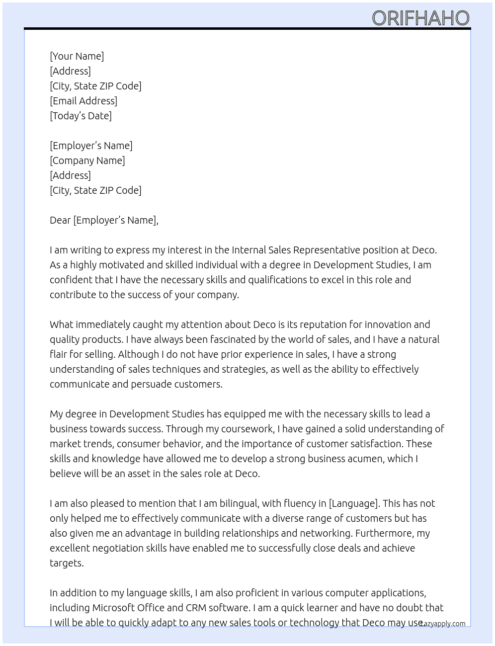 Internal sales representative  At Deco Cover Letter