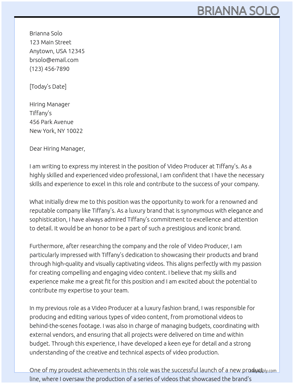 Video Producer At Tiffany's Cover Letter