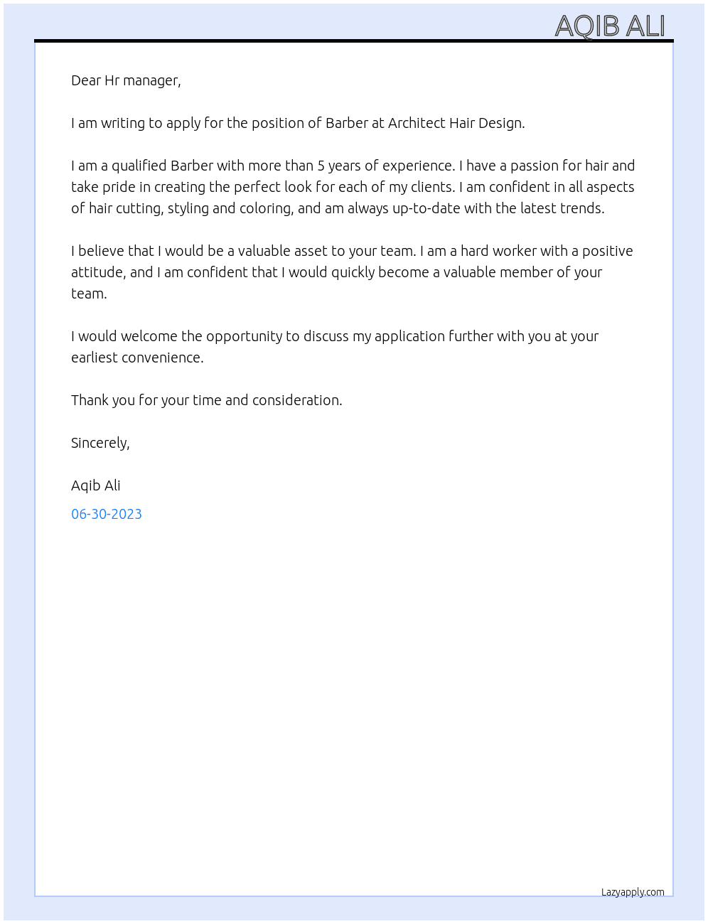 Barber  At Architect Hair Design Cover Letter