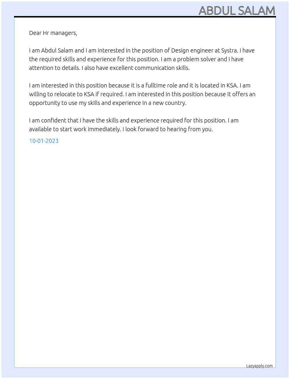Design engineer  At Systra Cover Letter