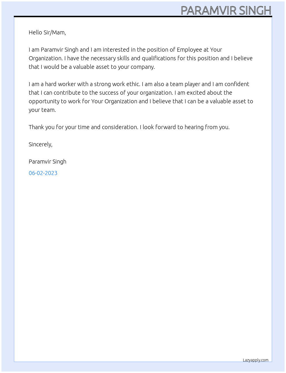Employee At Your Organization Cover Letter