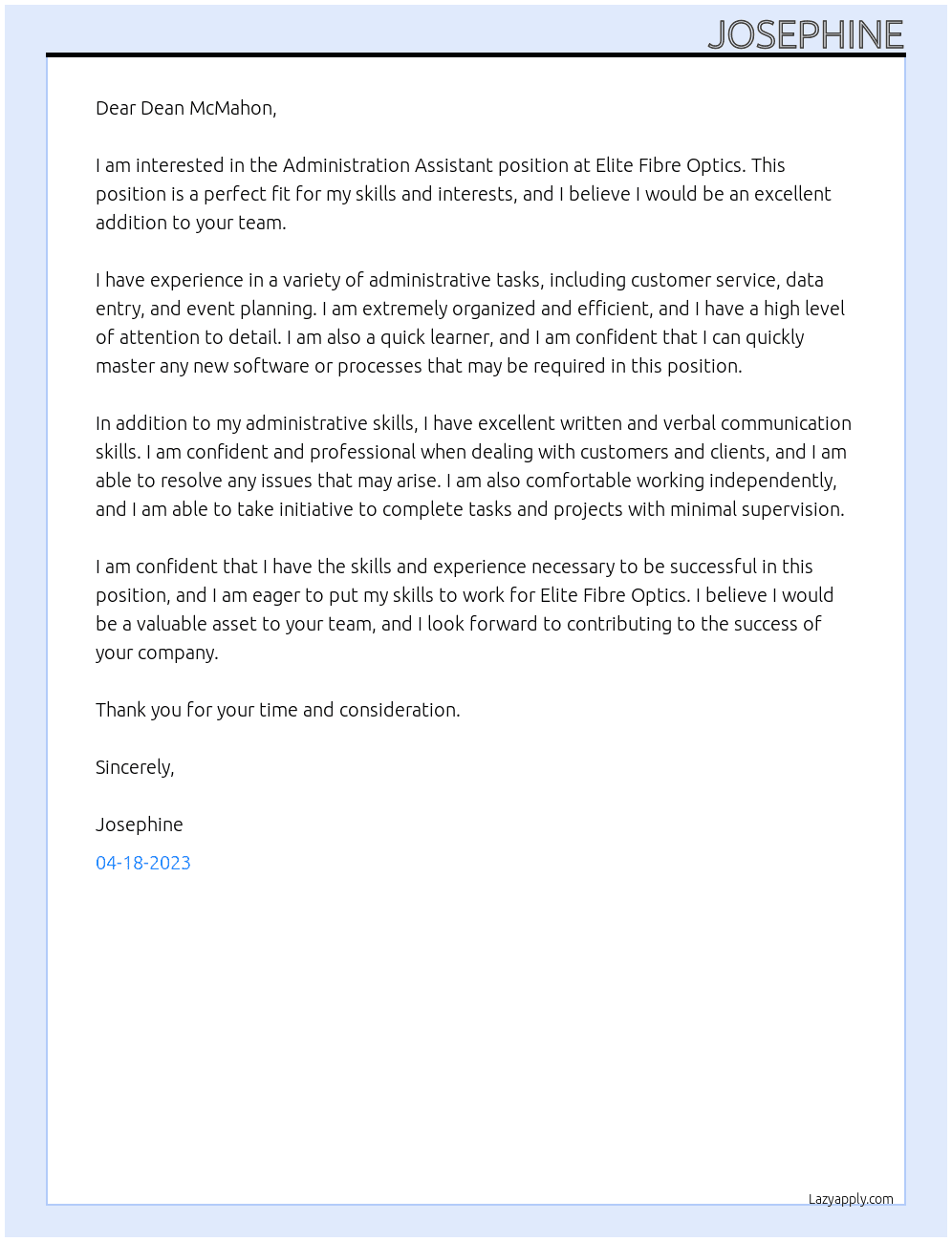 Administration Assistant At Elite Fibre Optics Cover Letter