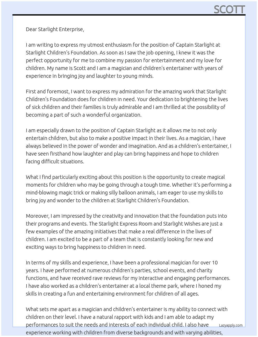 Captain Starlight At Starlight children's foundation  Cover Letter