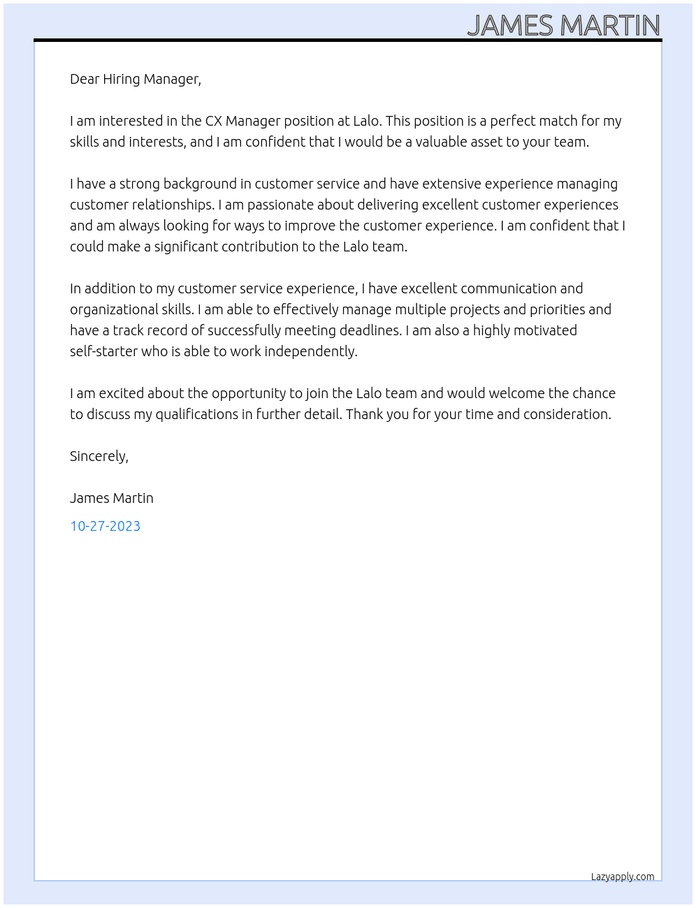 CX Manager At Lalo Cover Letter